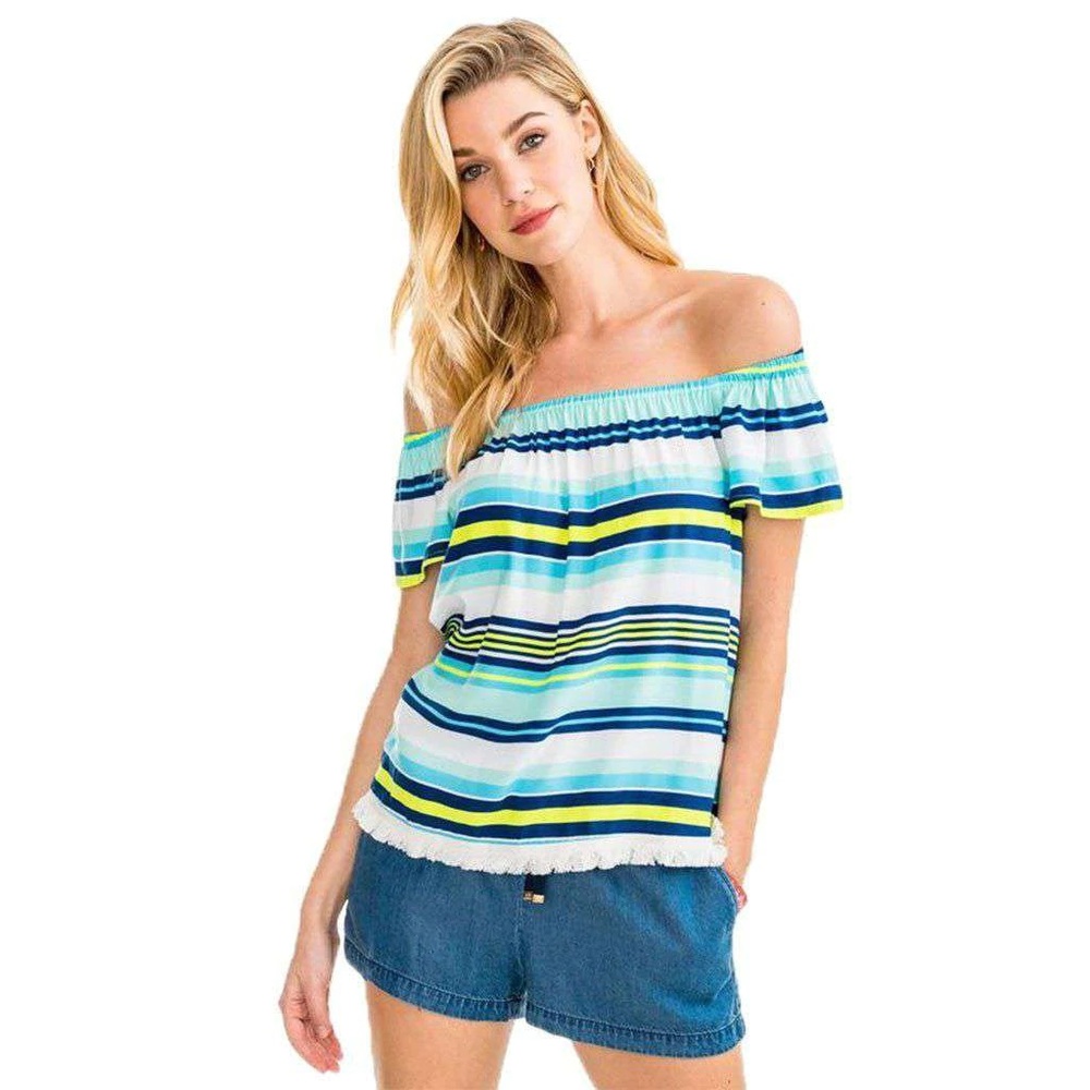NWT Southern Tide Beatrix Off Shoulder Striped Fringe Hem Top Size XS